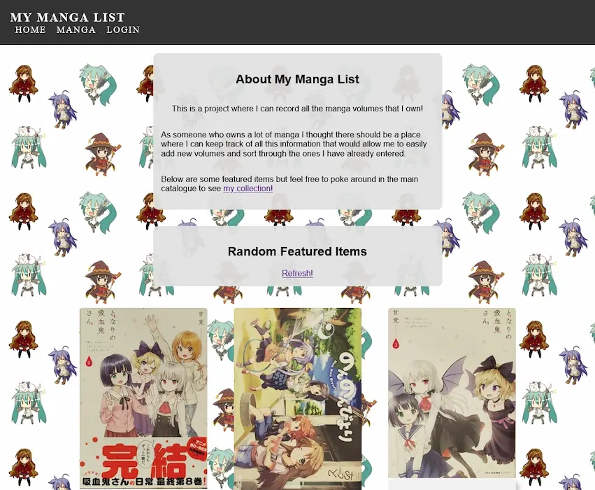 screenshot of my manga library website